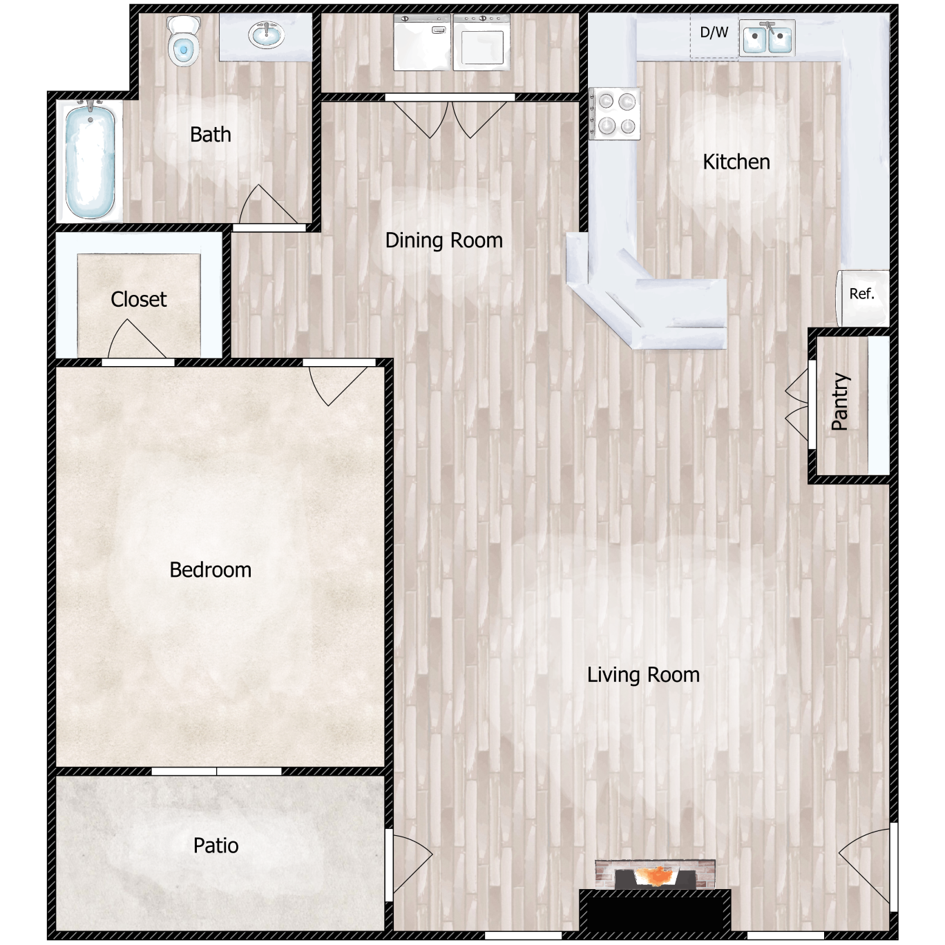 Floor plan for 1 bed, 1 bath, 1000 sqft